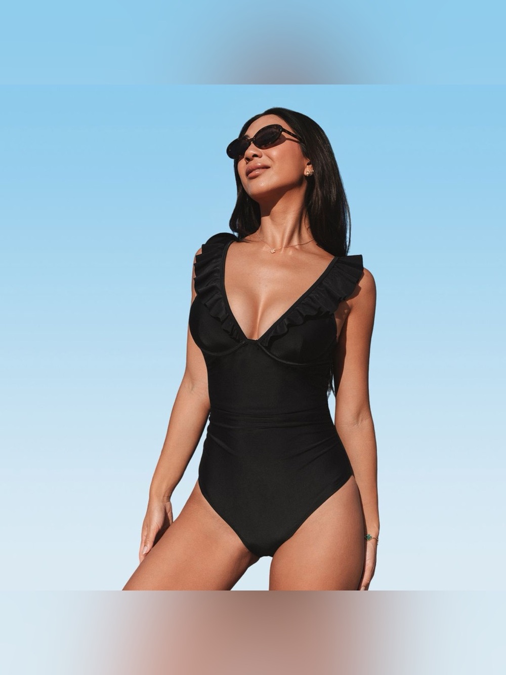 NWT – Cupshe – Ruffled Lace-Up One Piece Swimsuit – Black – Sz. L - Picture 2 of 10